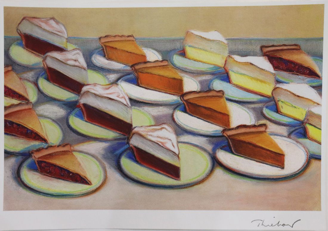Wayne Thiebaud Pie Slices Pencil Signed Colored Print: WAYNE THIEBAUD (B. 1920) Pie Slices Offset lithograph in colors on wove paper 13” x 19” (approximate size) Signed lower right side in pencil