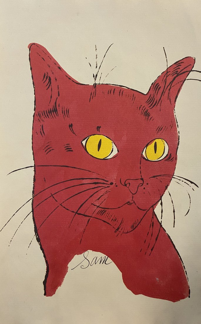 Andy Warhol (Cat) Offset Lithograph Estate Stamped: ANDY WARHOL (1928-1987) 25 Cats Named Sam and one Blue Pussy Offset lithograph in colors 9" x 6" Private collection; stamp to backside from the estate of Andy Warhol