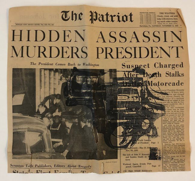 Andy Warhol (Untitled, Gun) Screenprint on Newspaper: ANDY WARHOL (1928-1987) Untitled (gun) Screenprint on a front page of a John F. Kennedy assassination newspaper dated November 23, 1963 14 5/8" x 13 1/2"