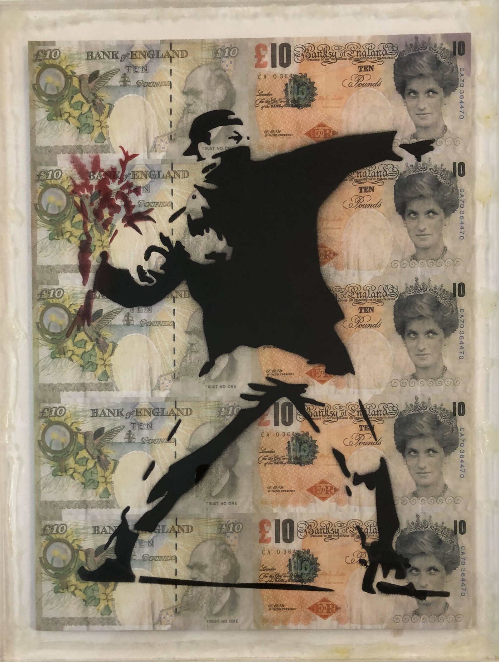 Banksy - Spray Paint Graffiti Tenner Note Sheet: BANKSY (BRITISH) Tenner note sheet with graffiti image and signature , 17" x 13"