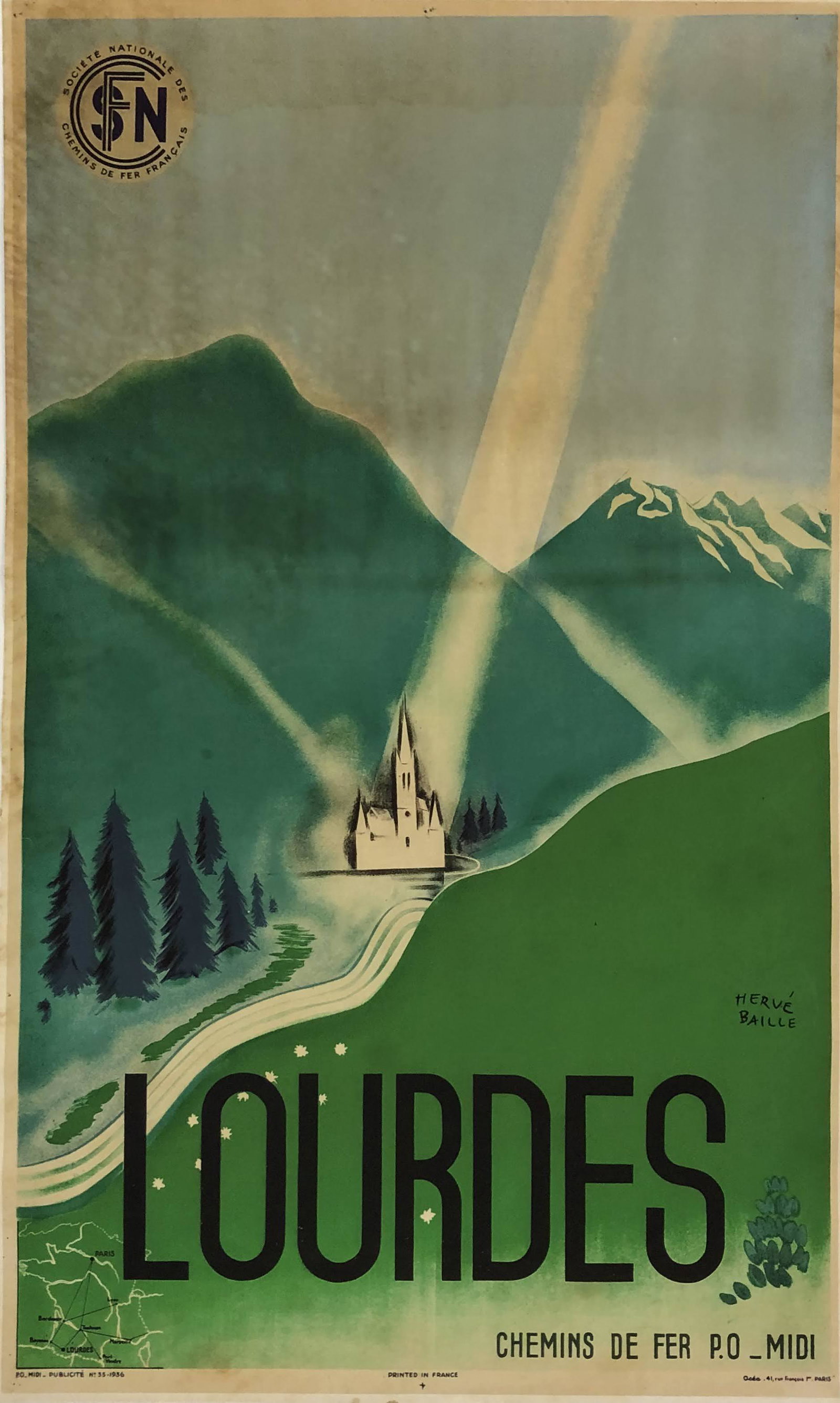 Lourdes French Lithograph: "Lourdes - Chemins De Fer P.O Midi - Printed in France" ; 17 1/2" x 10 5/8"