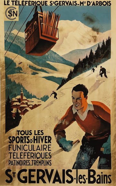 Roger Broders St. Gervais Ski Lithograph: St. Gervais-les-Bains" Text reads "Le Teleferique St Gervais Mt. D'Arbois - Tous Les Sports D'Hiver Funiculaire Teleferiques Patinoires Tremplins - St. Gervais les Bains" ; 17 3/8" x 10 3/4"