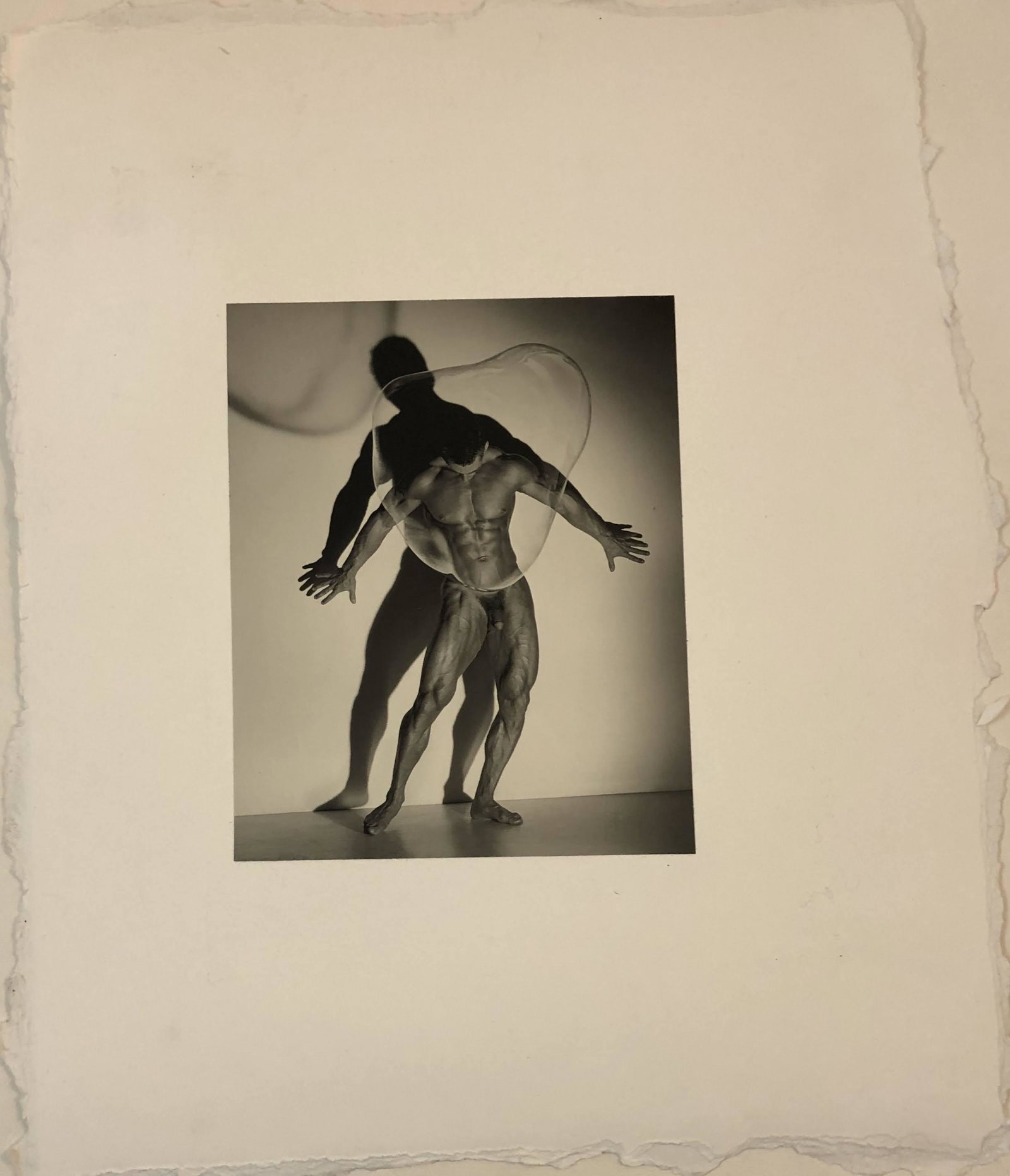 Herb Ritts (Male Nude with Bubble) Photo Litho: HERB RITTS (1952-2002) Male Nude with Bubble Photo Litho (mounted on deckle edged paper) 21" x 17" ; image: 10" x 8" Printed circa late 20th c.