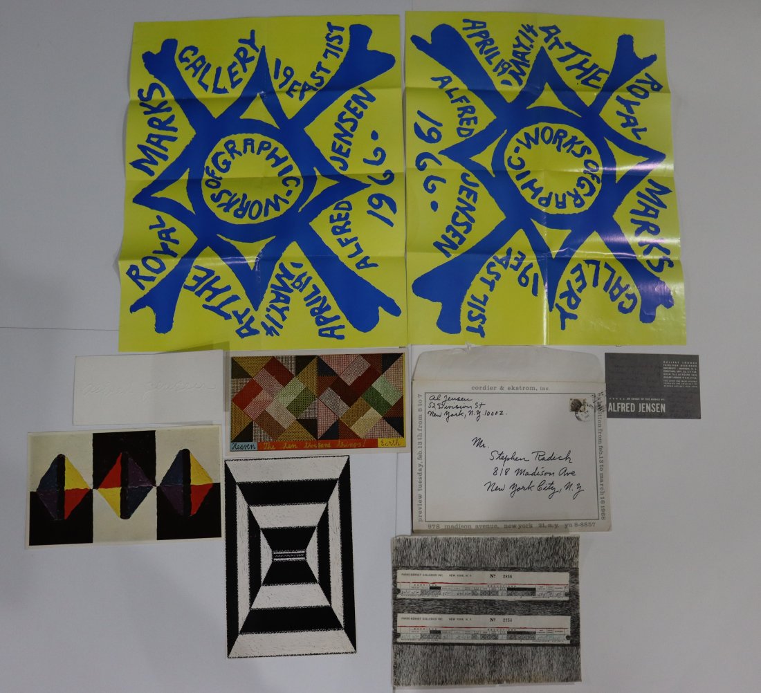 Alfred Jensen Signed and Inscribed Gallery Art Mailers: ALFRED JENSEN (1903-1981) Large grouping of original Jensen gallery mailers from Pace Gallery, Royal Marks Gallery, Cordier & Ekstrom, etc most are written/signed by Jensen. Also, one Parke Bernet Gal