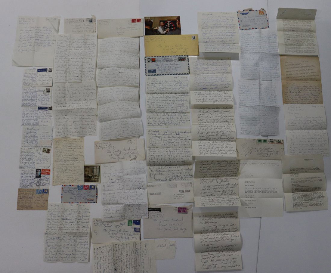 Grouping of Alfred Jensen Written Postcards and Letters: ALFRED JENSEN (1903-1981) Large grouping of letters and postcards hand written by Jensen to Mr. Goodman. Includes 7 postcards and 13 letters with envelopes Provenance: Gifted directly from the artist
