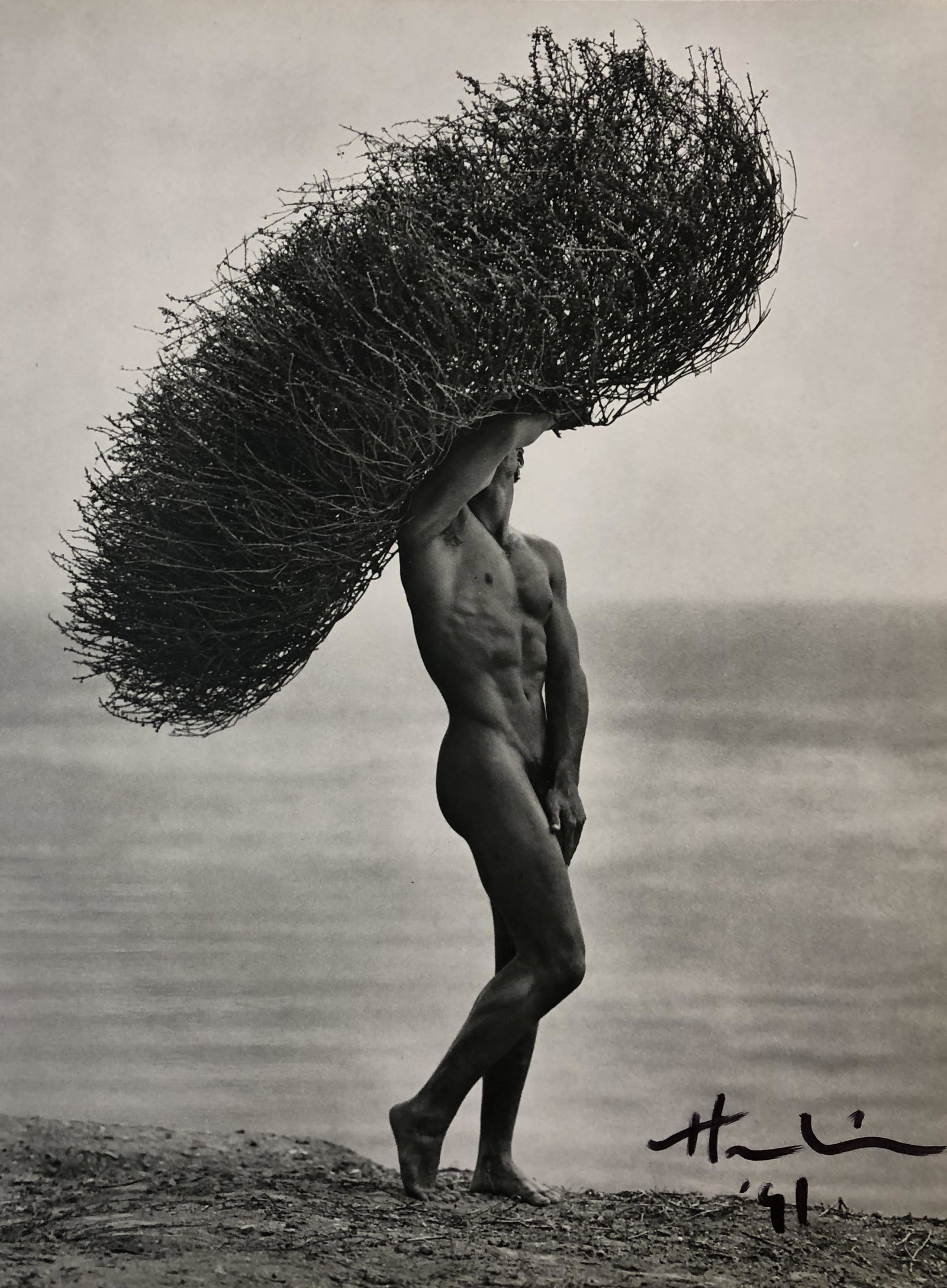 Herb Ritts (Nude with Tumbleweed) Signed Gravure Print: HERB RITTS (1952-2002) Nude with Tumbleweed, Paradise Cove Sheet-fed gravure 13 7/8" x 10 3/8" Printed circa late 20th c. Signed lower right in ink