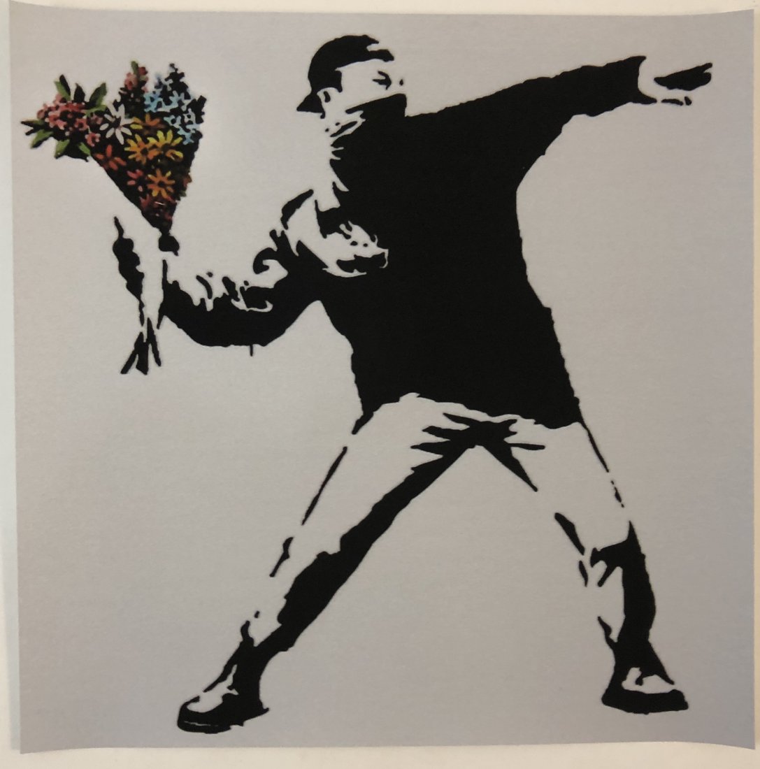 Banksy Flower Thrower Lithograph: BANKSY (BRITISH) Flower Thrower Lithograph on heavy paper 20" x 20"