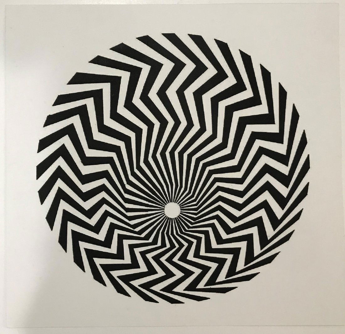 Bridget Riley (Primitive Blaze) Offset Lithograph: BRIDGET RILEY (B. 1931) Primitive Blaze Offset lithograph in black and white Printed circa late 20th c. 25" x 16"
