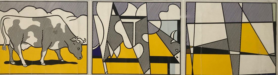 Roy Lichtenstein - Cow Going Abstract 1974 (Signed): ROY LICHTENSTEIN (1923-1997) Cow Going Abstract, 1974 Offset lithograph in colors 10 1/2" x 38" Signed in pencil lower right side