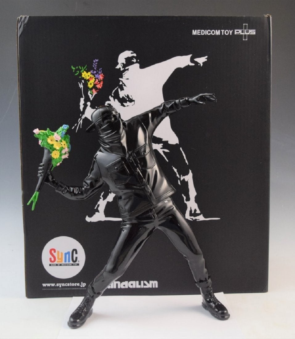 Banksy - Flower Thrower Resin Sculpture (Black): BANKSY (BRITISH) Flower Thrower Resin sculpture Produced by Medicom with box 16" x 14" x 3" Marked on bottom
