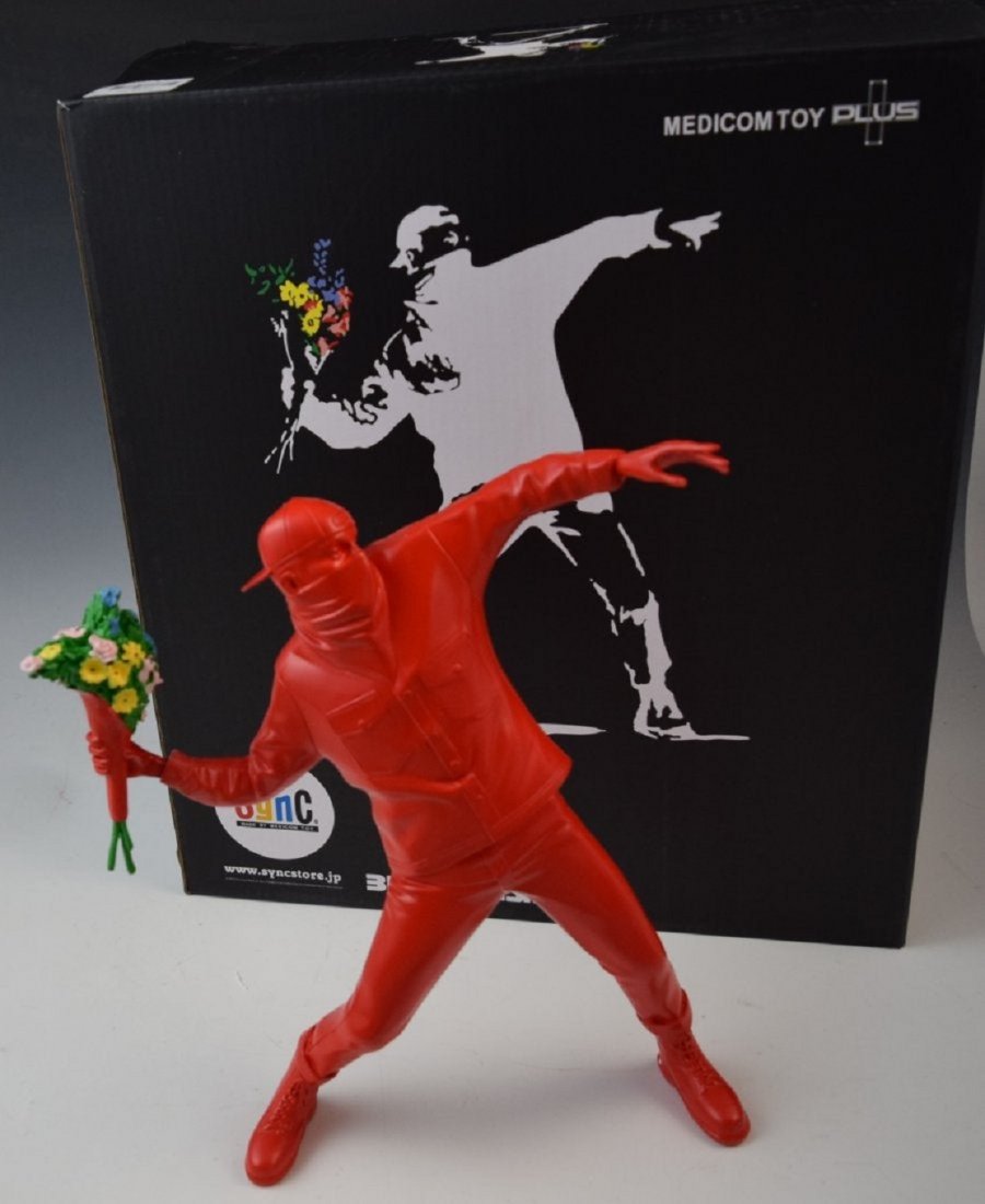 Banksy - Flower Thrower Resin Sculpture (Red): BANKSY (BRITISH) Flower Thrower Resin sculpture Produced by Medicom with box 16" x 14" x 3" Marked on bottom