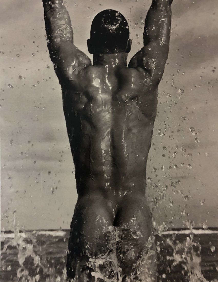 Herb Ritts Jumping Male Nude Photo Litho: HERB RITTS (1952-2002) Jumping Male Nude in Water, c. 1990's Photo-litho Printed circa 1990's 14" x 10"