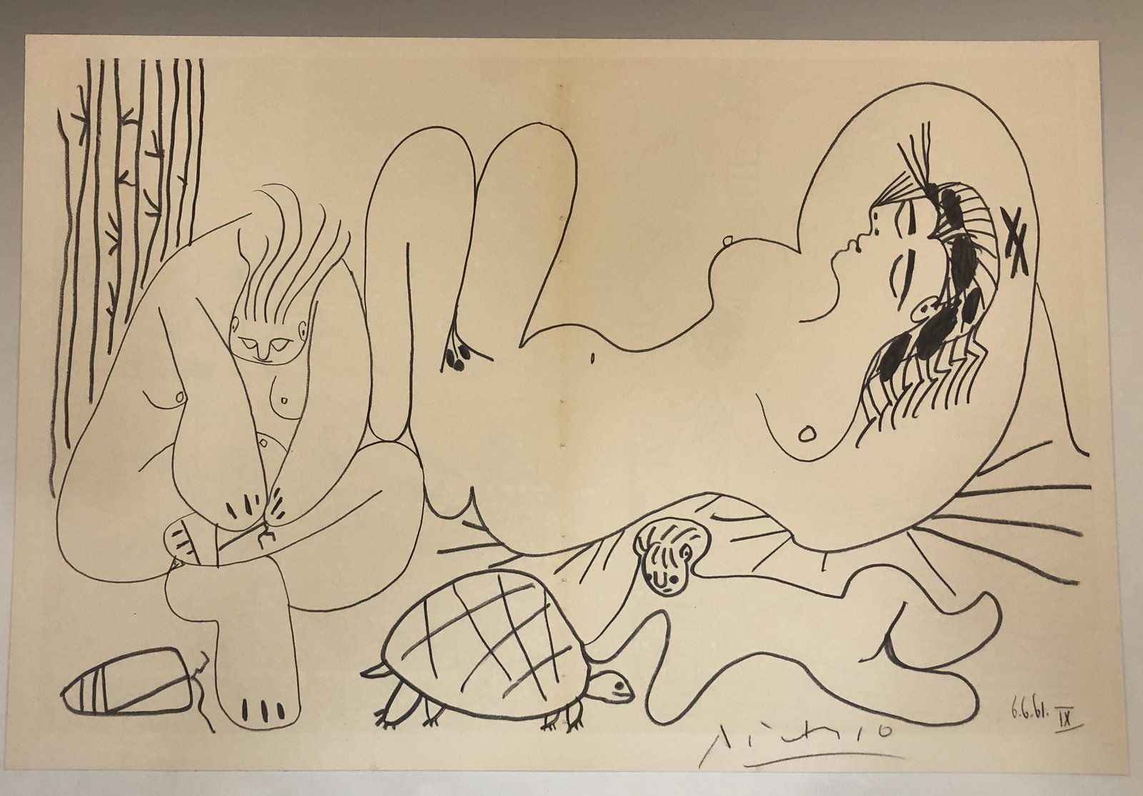 Pablo Picasso (Reclining Nude) Signed Offset Lithograph: PABLO PICASSO (1881-1973) Reclining Nude Woman Offset lithograph on paper 14" x 21" Printed circa 1959 Signed lower right side in pencil