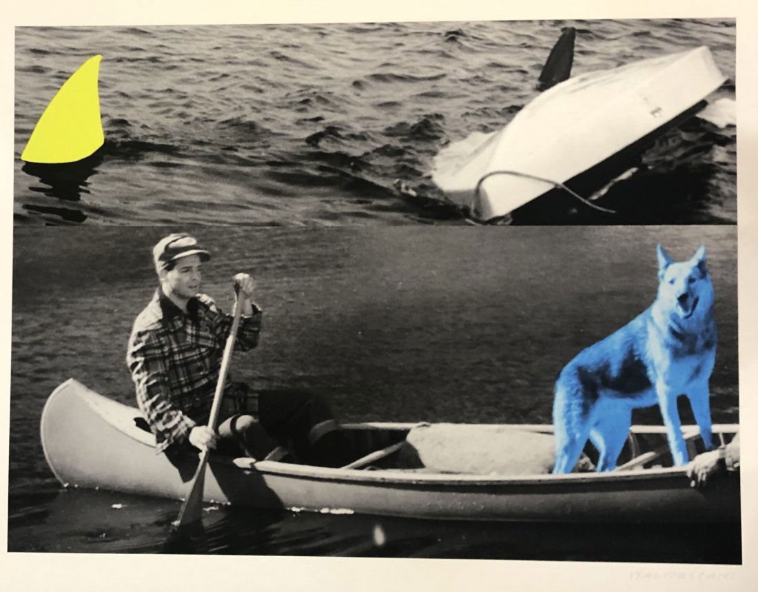 John Baldessari (Dog, Canoe) Large Print: JOHN BALDESSARI (1931-2020) Man, Dog (Blue), Canoe/Shark Fins (One Yellow), Capsized Boat Print in colors on heavy paper 30" x 37" (approximate sheet)