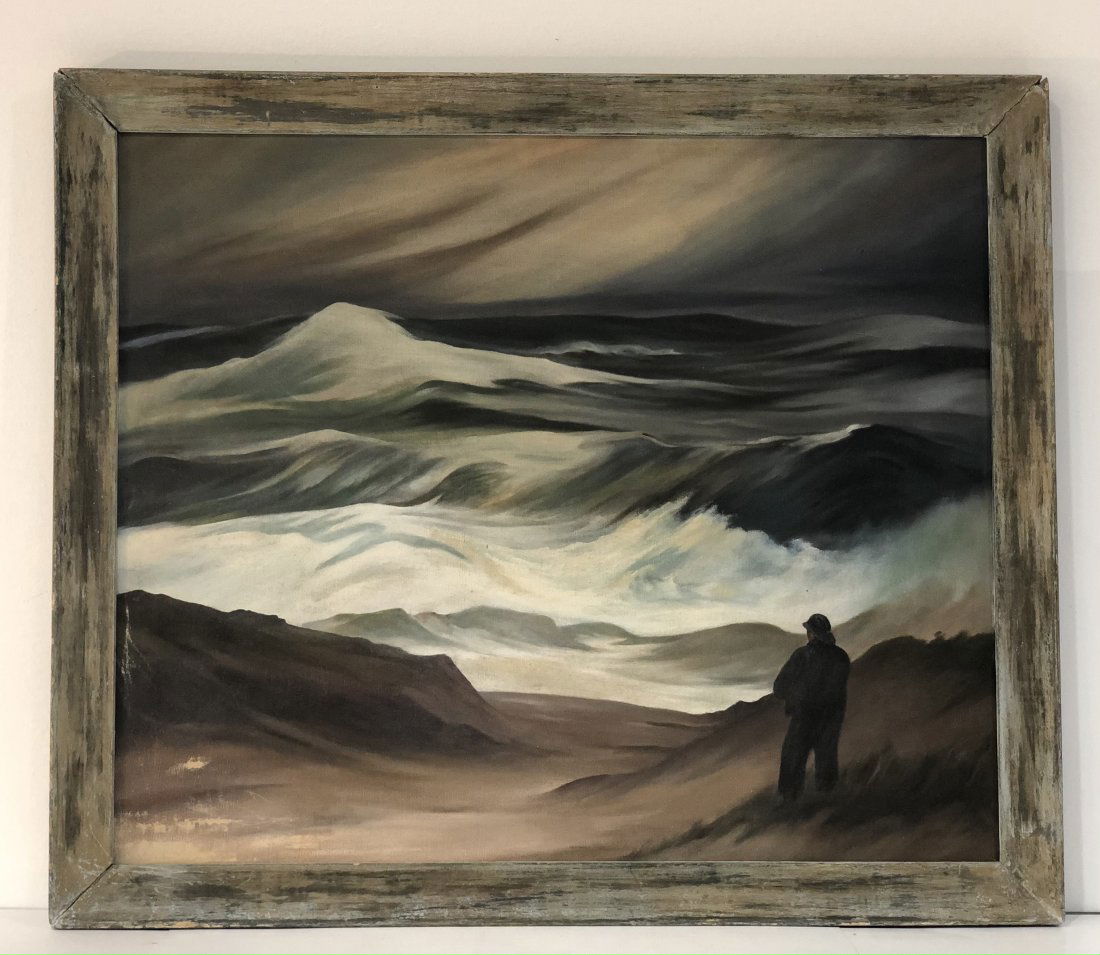 Paul Landacre (Stormy Seas, Monterey) Oil Painting 1948: PAUL LANDACRE (1893-1963) Stormy Seas, Monterey, California (1948) Oil on canvas 30" x 25" Signed, titled and inscribed to verso "For Bill, Christmas, Paul Hambleton Landacre 1948" Provenance: Private