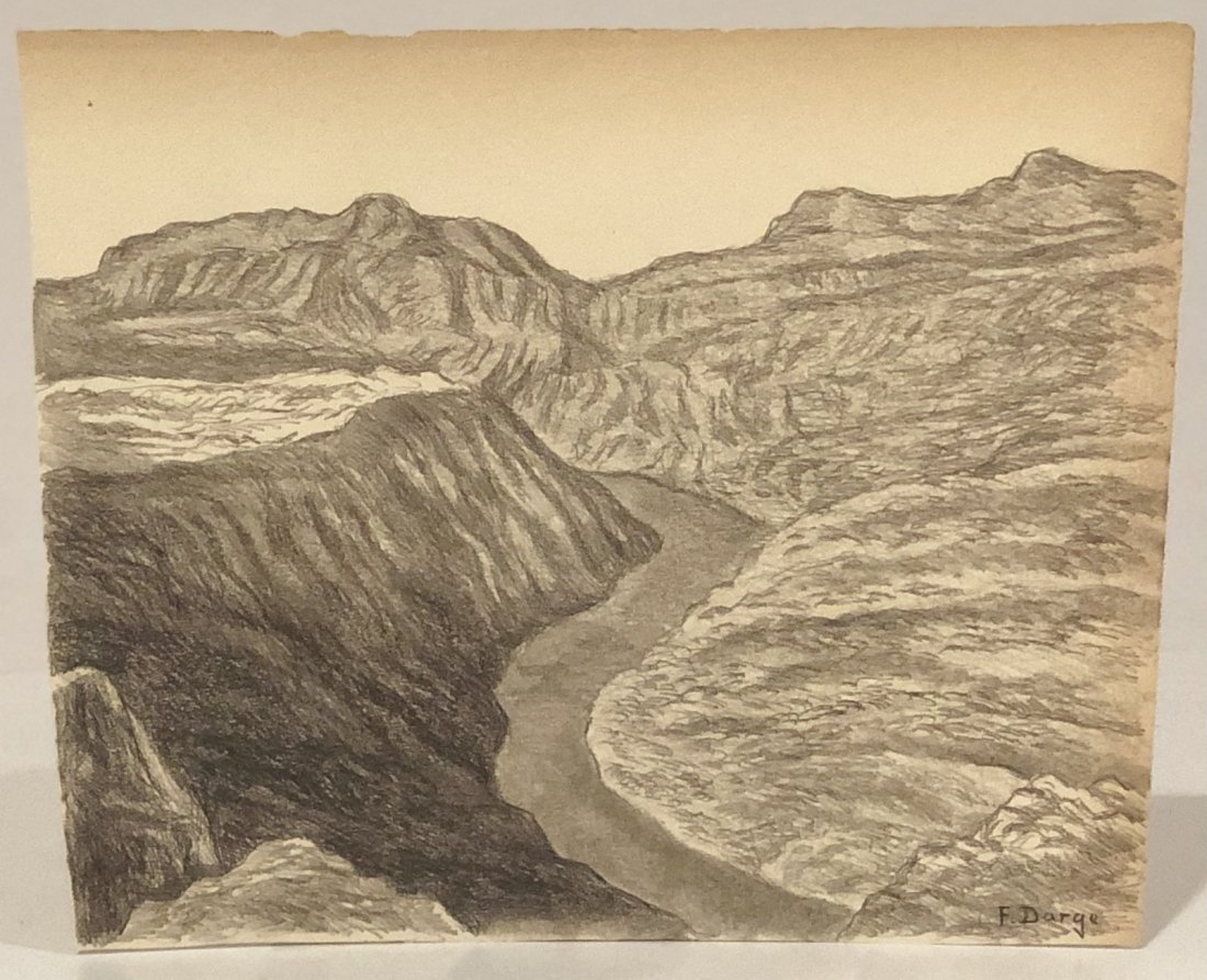 Fred Darge (Untitled, Landscape) Pencil Drawing: FRED DARGE (1900-1979) Texas Landscape with Mountains Pencil on artist paper Signed lower side 6 5/8" x 8 1/4"