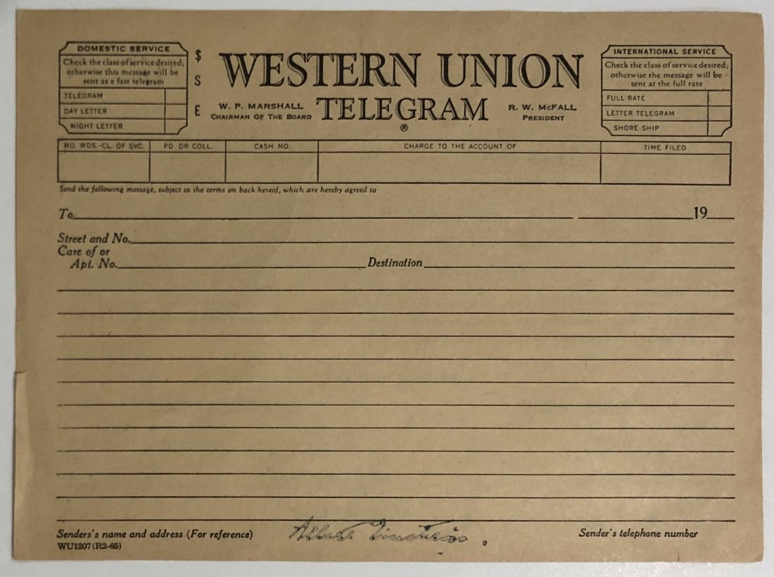 Western Union Telegram Slip Albert Einstein Inked - Dec 06, 2020