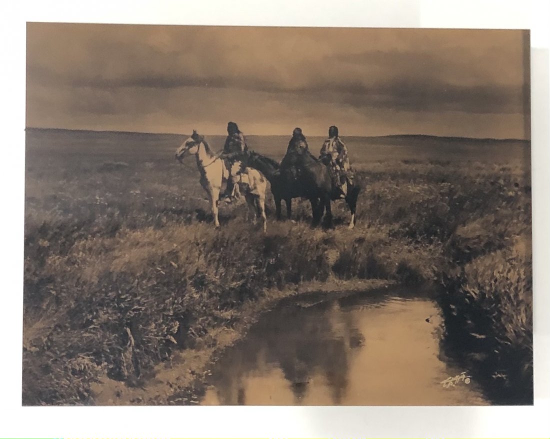 Edward Curtis (The Three Chiefs) Goldtone Glass Photo: EDWARD SHERIFF CURTIS (1868-1952) The Three Chiefs Goldtone glass photograph, printed later 10 3/4" x 14 3/8"