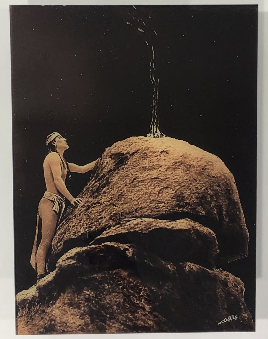 Edward Curtis (Signal Fire Mountain God) Goldtone Glass: EDWARD SHERIFF CURTIS (1868-1952) The Signal Fire to the Mountain God Goldtone glass photograph, printed later 14 3/8" x 10 3/4" Signed lower right side