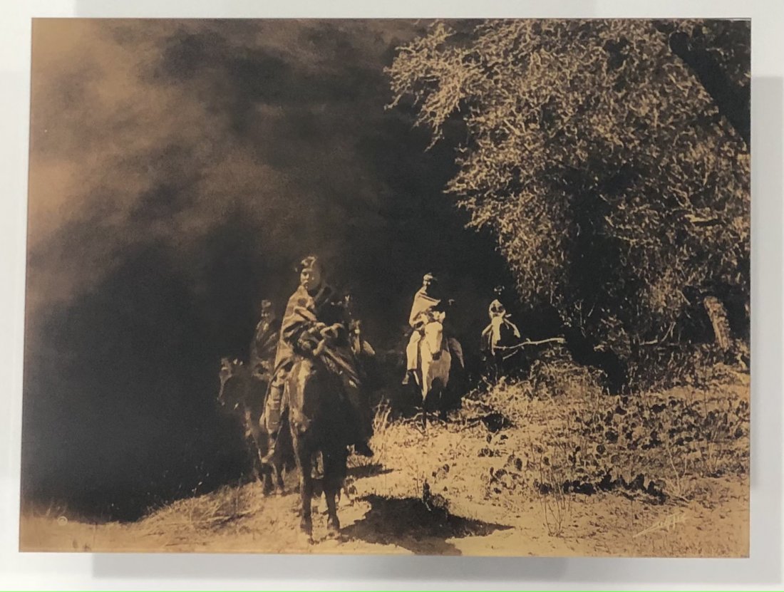 Edward Curtis (Out of Darkness) Goldtone Glass Photo: EDWARD SHERIFF CURTIS (1868-1952) Out of Darkness Goldtone glass photograph, printed later 10 3/4" 14 3/8" Signed lower right side