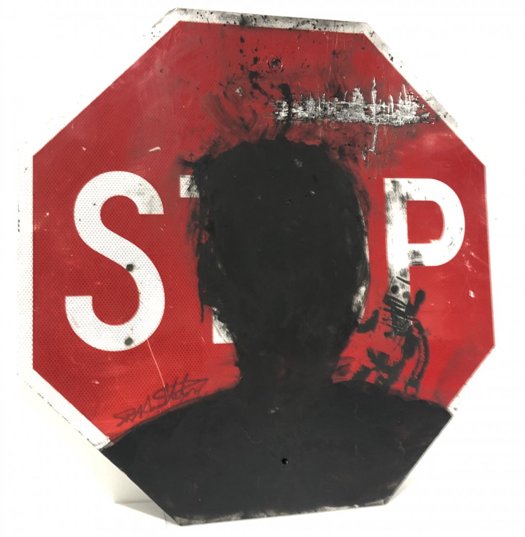 Painted Graffiti Stop Sign Illegibly Signed: 30" x 30", signed lower left side