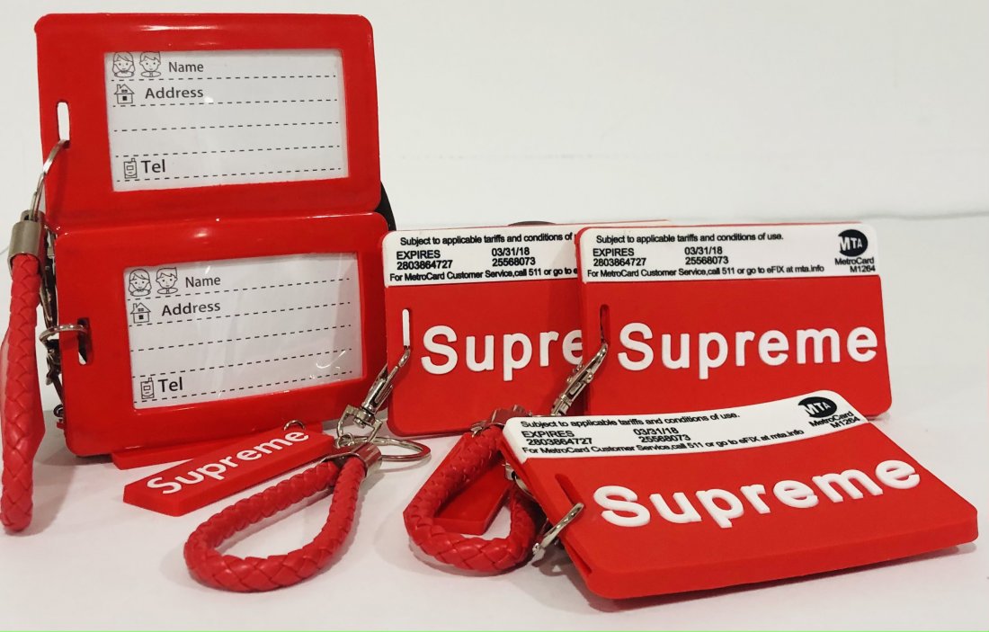 Grouping of 5 Supreme Luggage Tags: SUPREME (AMERICAN) Grouping of 5 luggage tags issued by Supreme Each: 2 1/2" x 4 tag size each