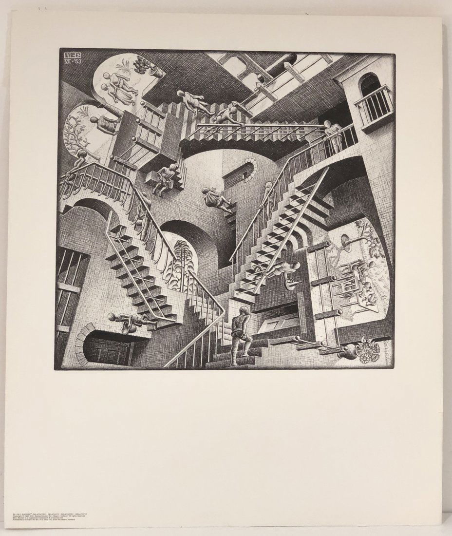 M.C. Escher (Relativity) Poster 1953: M.C. ESCHER (1898-1972) Relativity Offset Poster 25 1/2" x 21 1/2" Signed in the plate, copyright to lower left side