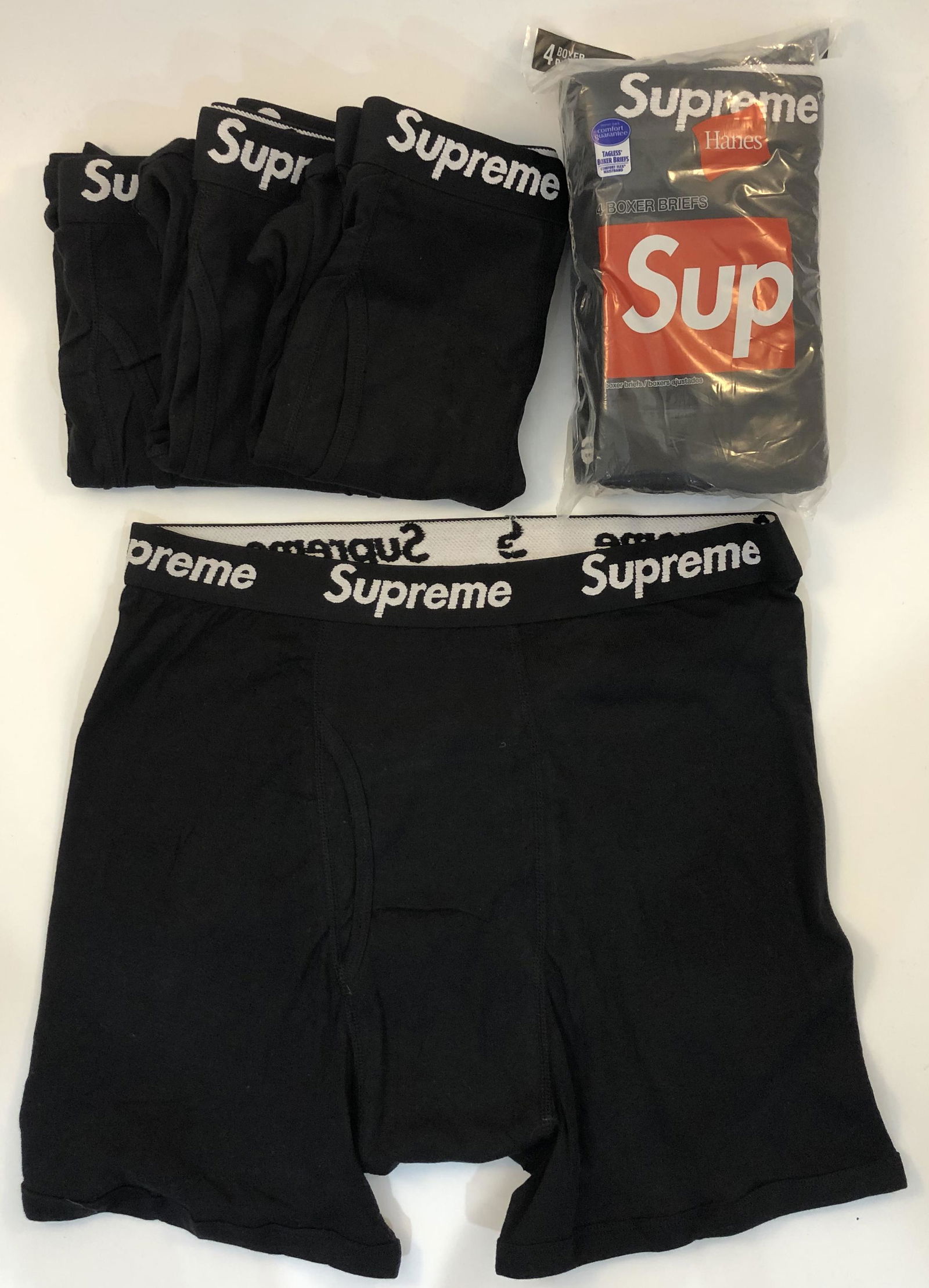 Supreme Mens Boxer Briefs: SUPREME Mens boxer briefs issued by Supreme Size Extra Large(XL) Total of 8 in black.