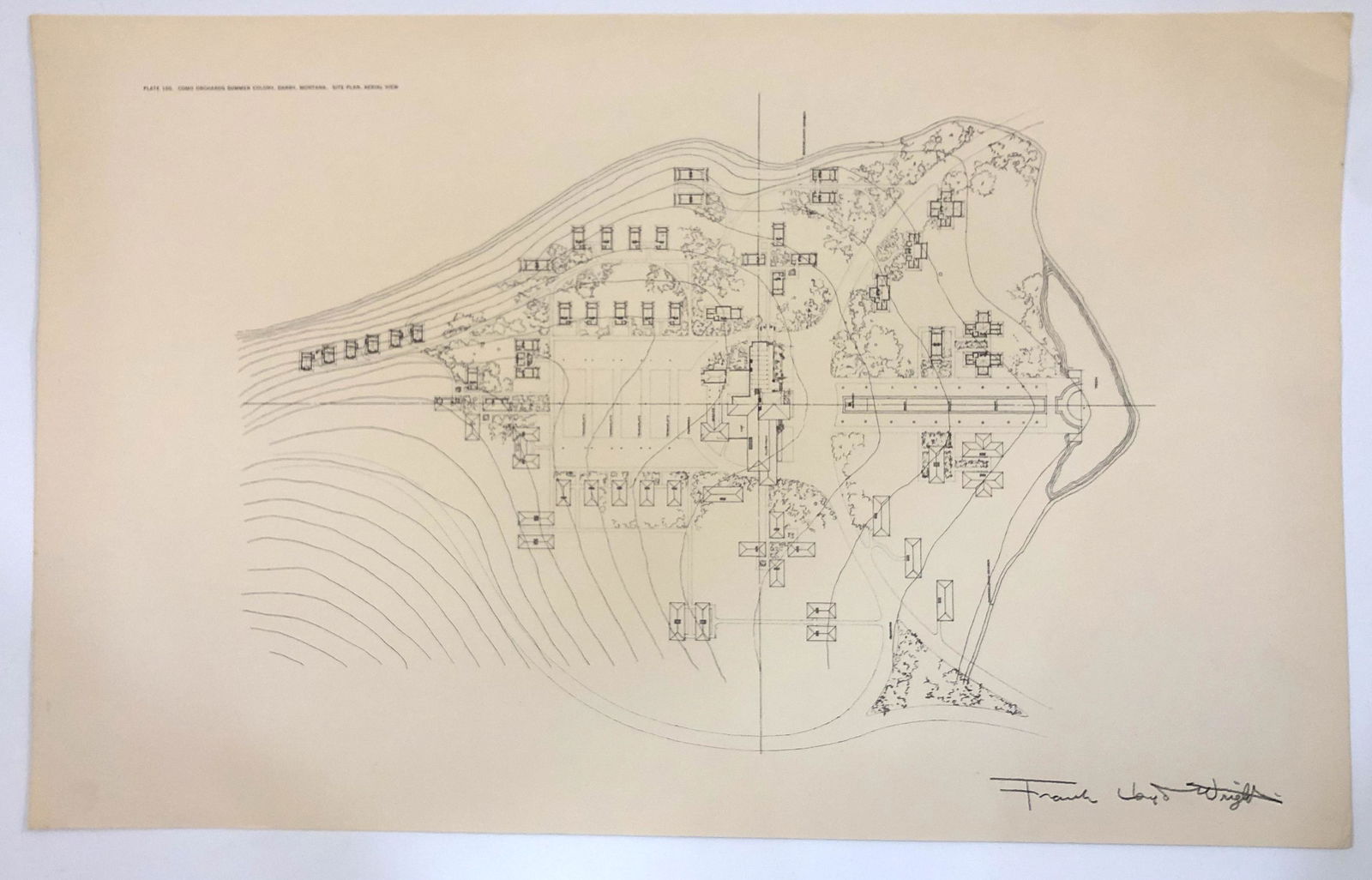 Frank Lloyd Wright Print: FRANK LLOYD WRIGHT (1867-1959) Como Orchards Summer Colony, Darby, Montana Pring on heavy paper 15 3/4" x 25"