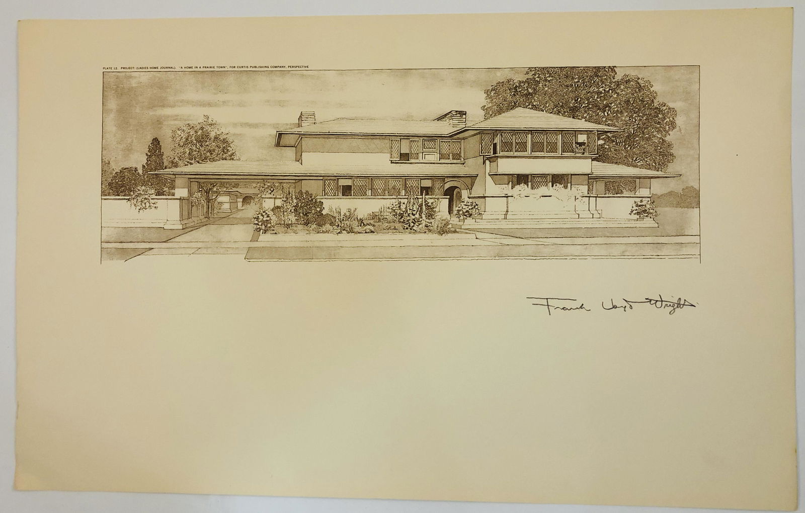 Frank Lloyd Wright Print: FRANK LLOYD WRIGHT (1867-1959) Project: (Ladies Home Journal). "A Home in a Prairie Town", For Curtis Publishing Company Print 15 3/4" x 25"