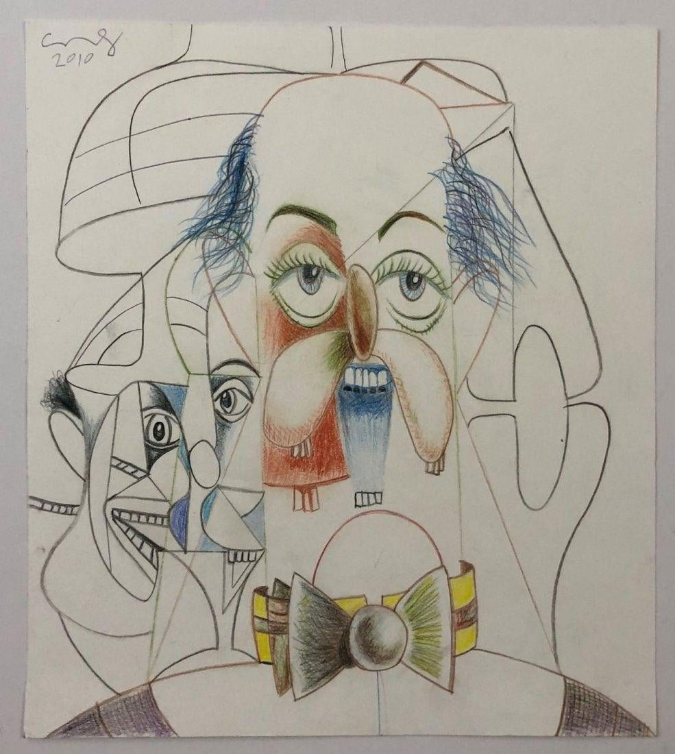 Attributed to George Condo - Banker, Colored Pencil: ATTRIBUTED TO GEORGE CONDO (B. 1957) Untitled (banker small) Colored pencils on paper Backside inscribed in pencil "banker small - NYC Condo" 13 1/2" x 12" Private collection, PA; acquired from a Napl