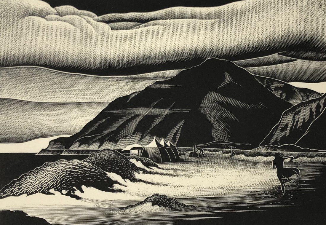Paul Landacre (Campers) Woodcut c. 1939: PAUL LANDACRE (1893-1963) Campers Woodcut on laid Japan paper Printed circa 1939 8 1/2" x 10 1/2" sheet