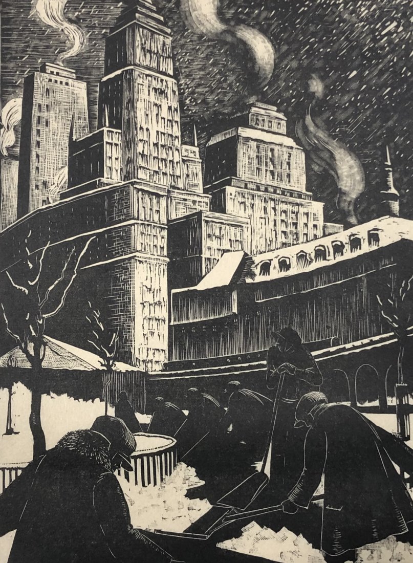 Clare Leighton (Snow Shovellers) Woodcut: CLARE LEIGHTON (1898-1989) Snow Shovellers, New York Woodcut on paper 8" x 6"