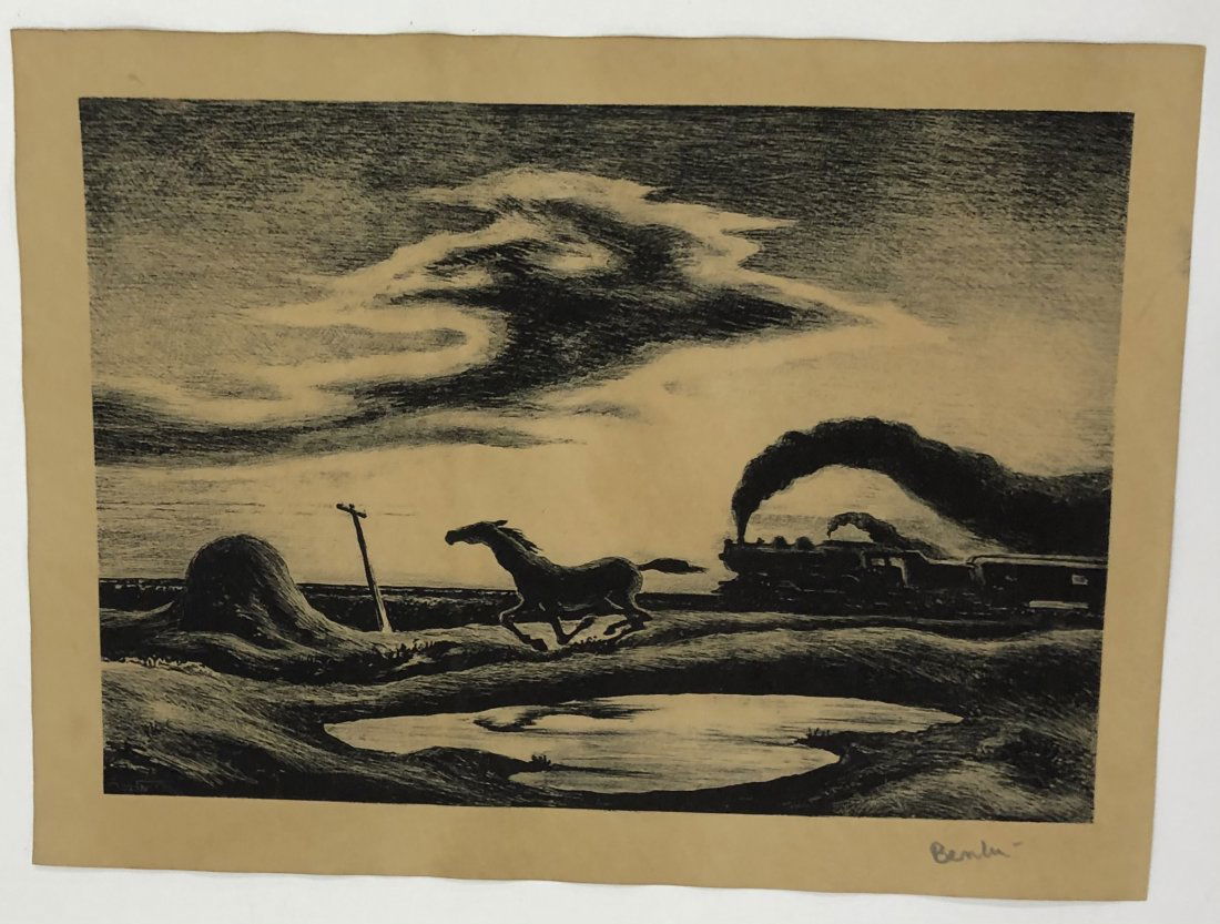 Thomas Hart Benton (The Race) Pencil Signed Lithograph: THOMAS HART BENTON (1889-1975) The Race Offset lithograph on paper (a later printing after the 1942 original) 10" x 14" Signed lower right side in pencil