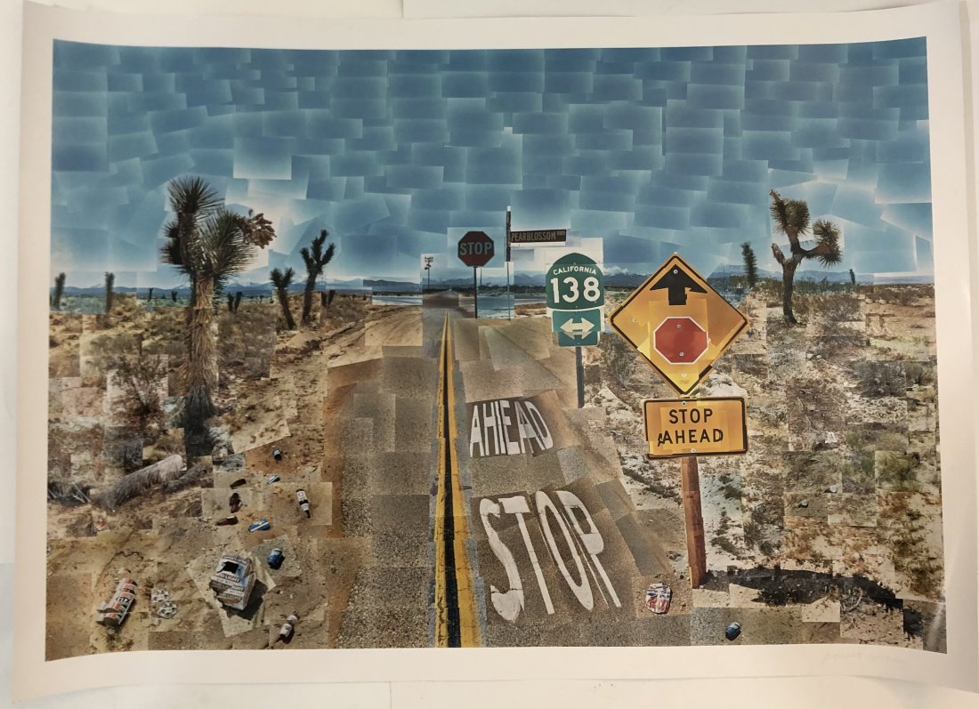 David Hockney (Pearblossom Hwy) Hand Signed: DAVID HOCKNEY (BRITISH) Pearblossom Highway Offset lithograph in colors 25" x 35" Signed lower side in pencil