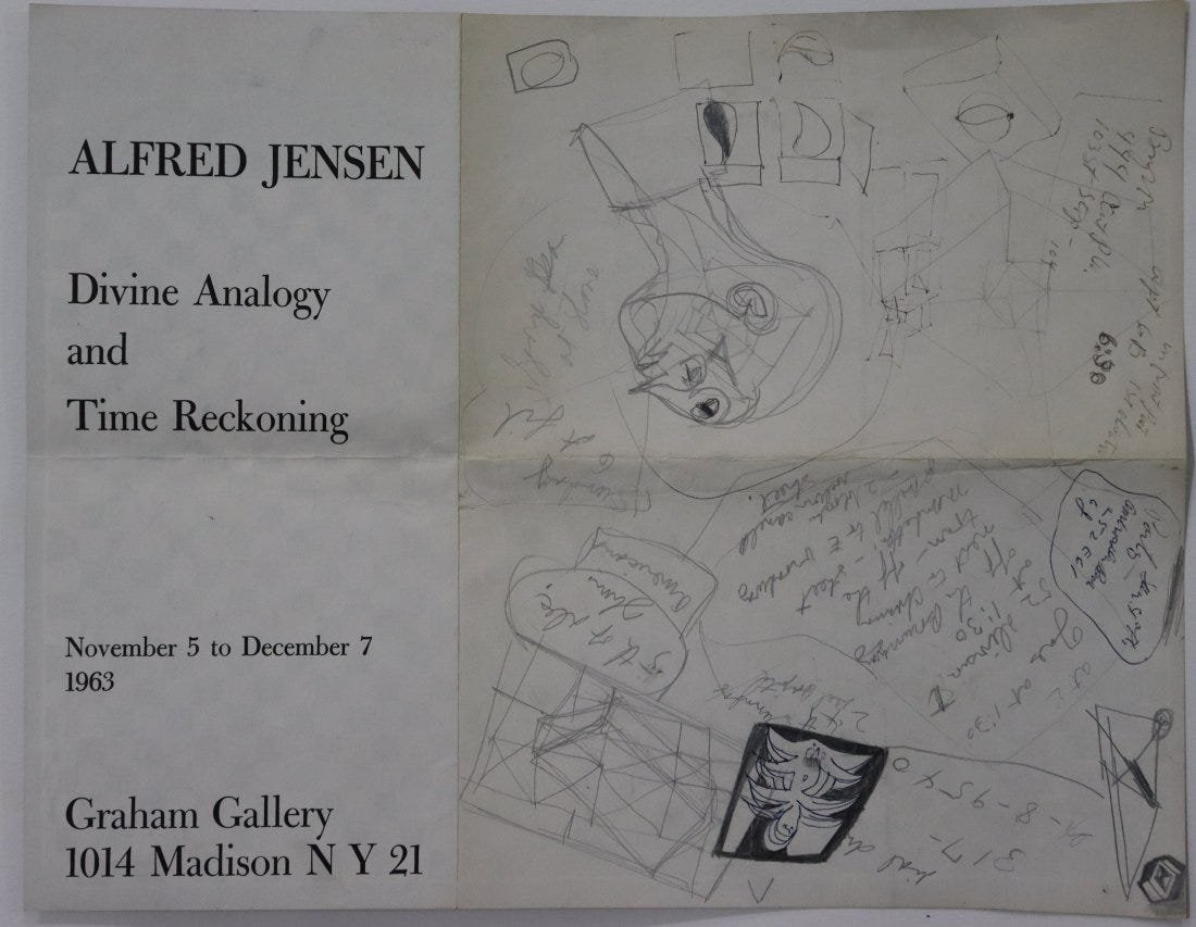 Alfred Jensen Pencil/Ink (Martha Graham Gallery): ALFRED JENSEN (1903-1981) Untitled c. 1963 Pencil and ink on Martha Jackson Gallery mailer 12 1/2" x 16" Featuring various sketches of shapes and notations Issued with a certificate of authenticity Pr