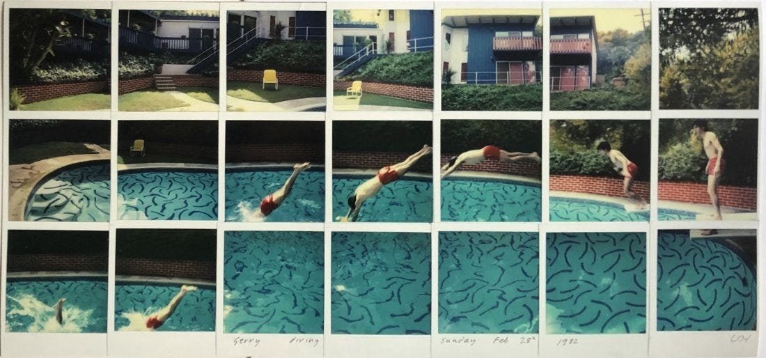 David Hockney (Jerry Diving) Large Colored Photograph: DAVID HOCKNEY (B. 1937) Jerry Diving Photograph, printed later 16 1/2" x 35 1/2" Mounted to same sized cardstock