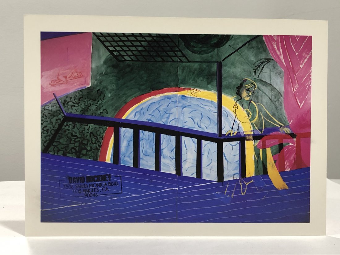 David Hockney (Pool Blue Terrace) Studio Stamped Print: DAVID HOCKNEY (B. 1937) Pool with Blue Terrace Print in colors 7 1/2" x 10 1/2" Studio Stamped to left side "David Hockney - 7506 Santa Monica BLVD - Los Angeles, CA 90046"