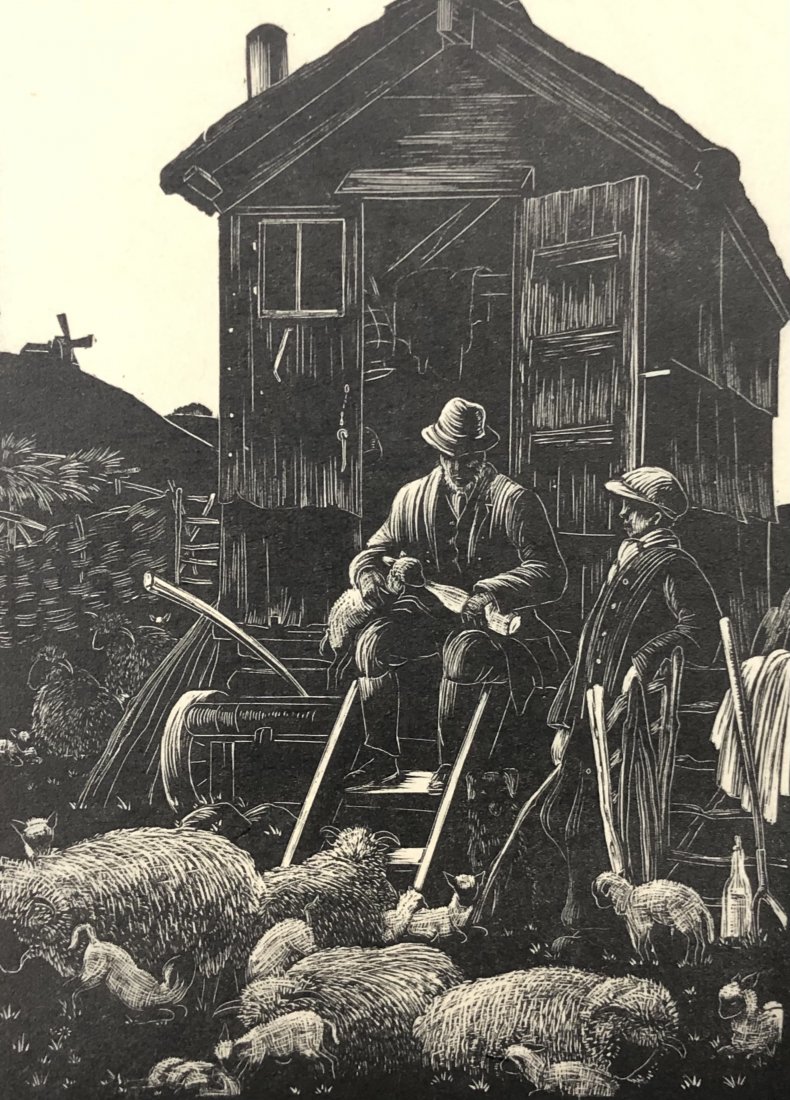Clare Leighton (Lambing) Woodcut: CLARE LEIGHTON (1898-1989) Lambing Woodcut on paper 6 1/2" x 4 1/2"