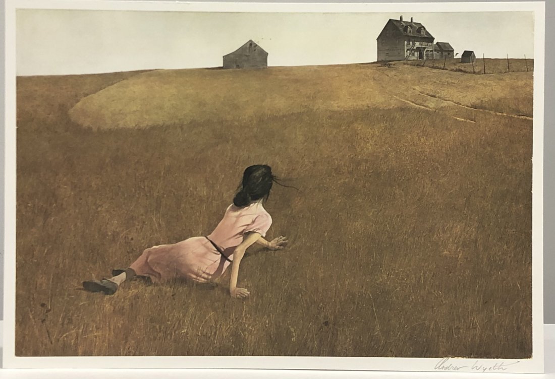 Andrew Wyeth (Christinas World) Signed Offset Litho: ANDREW WYETH (1917-2009) Christina's World Offset lithograph in colors 10 3/4" x 15 3/4" Signed lower right side in pencil Mounted to same sized cardstock