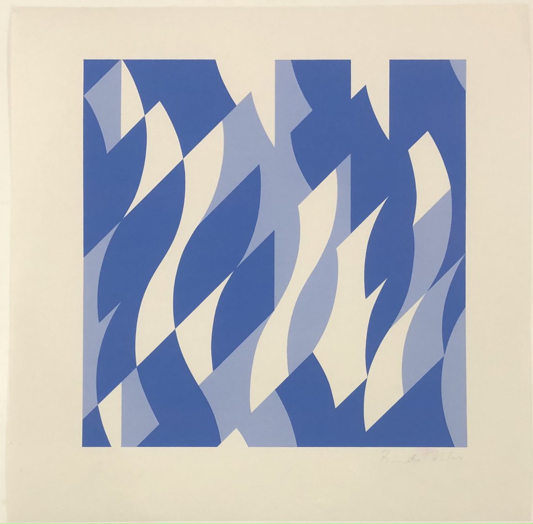 Bridget Riley Two Blues Signed Print on Wove Paper: BRIDGET RILEY (B. 1931) Two Blues, 2003 Print in colors on wove paper 20" x 20" Signed lower right side in pencil