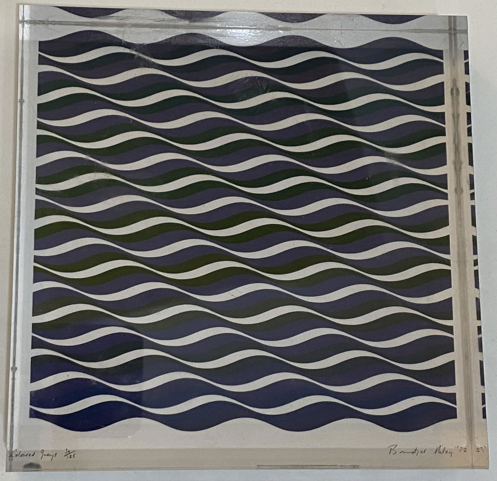 Bridget Riley (Coloured Greys) Enclosed Acrylic Print: BRIDGET RILEY (B. 1931) Coloured Greys Enclosed Op Art Acrylic Print 5 7/8" x 1" x 5 7/8" Verso "The Arts Council - Bridget Riley - Paintings and drawings 1951-1971"