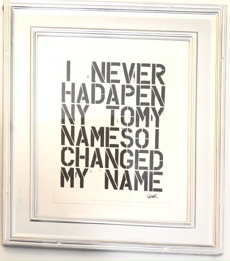 Christopher Wool (My Name) Offset Lithograph Signed: CHRISTOPHER WOOL (B. 1966) My Name Offset lithograph in colors on paper 16" x 12" sheet ; framed: 26 1/2" x 22 1/2" Signed in black ink lower right side