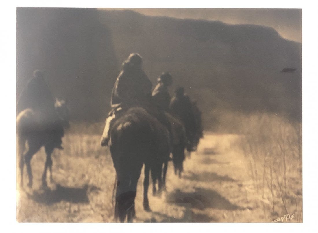 Edward S. Curtis (The Vanishing Race) Goldtone Glass: EDWARD SHERIFF CURTIS (1868-1952) The Vanishing Race Goldtone glass photograph, printed later Signed lower right side 10 3/4" x 14 3/8"