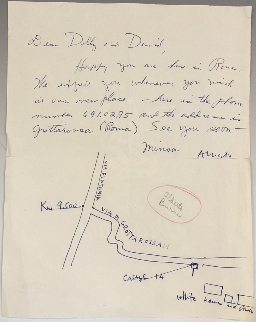 Alberto Burri Drawing & Letter (From Museum Archive): ALBERTO BURRI (1915-1999) Hand written in pen by Alberto BurriLetter reads "Dear Dolly and David - Happy you are here in Rome. We expect you whenever you wish at our new place. Here is the phone numbe