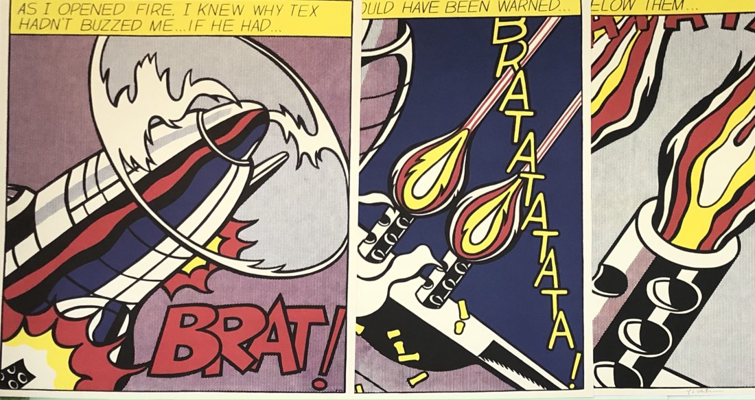 Roy Lichtenstein (As I Opened Fire) Signed Triptych: ROY LICHTENSTEIN (1923-1997) As I Opened Fire (triptych), 1966 Offset lithographs in colors on wove paper 25" x 20 3/4"