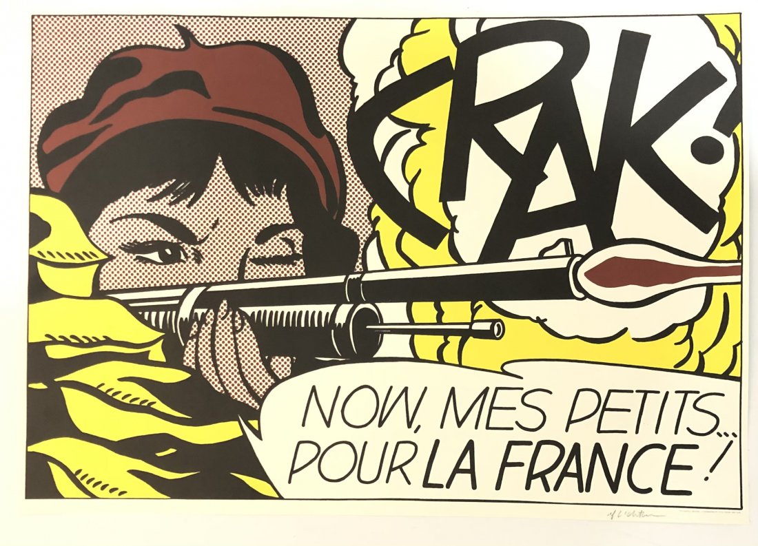 Roy Lichtenstein (CRAK!) Hand Signed Offset Lithograph: ROY LICHTENSTEIN (1923-1997) CRAK! Offset Lithograph in colors 19" x 27" (Approx size) Signed in pencil lower right Text to lower right "Leo Castelli Gallery Lithographed by Total Color, New York