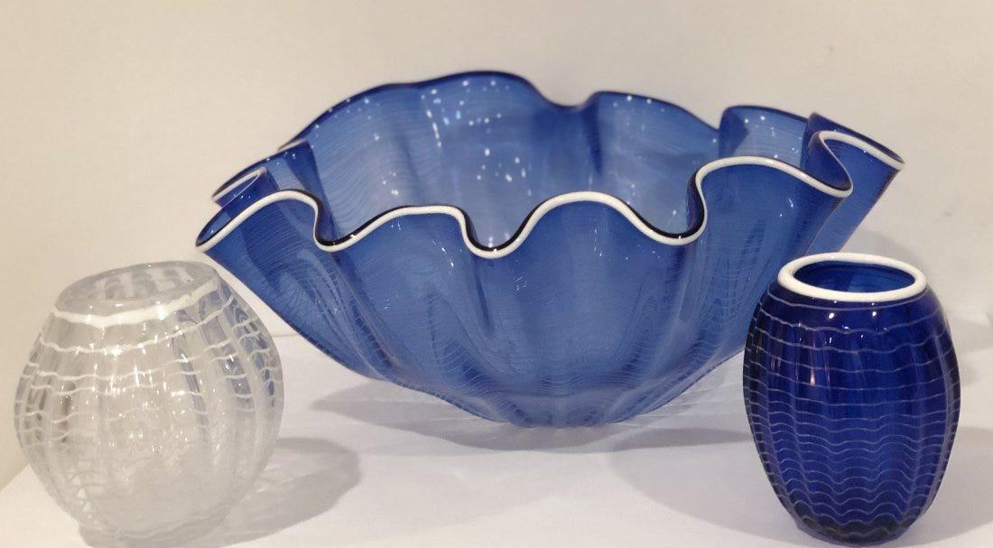 Attributed to Dale Chihuly Sea Form Persian Glass: ATTRIBUTED TO DALE CHIHULY (B. 1941) Sea Form Persian Glass Set (3 pieces) 6 1/4" x 14" (bowl) , 4 1/2"h (clear glass), 4 1/4"h (blue glass)