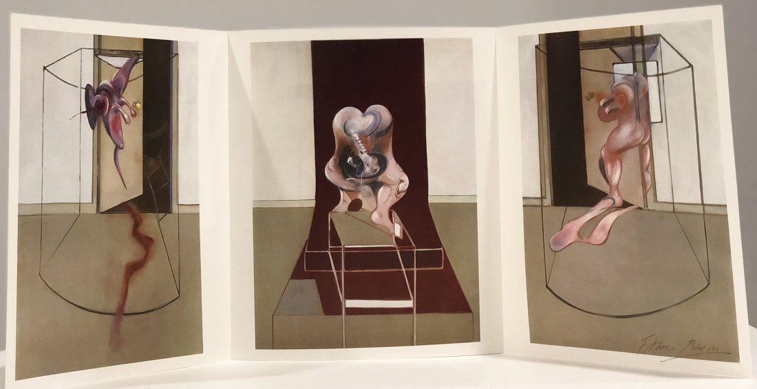 Francis Bacon (Triptych) Ink Signed Colored Print: FRANCIS BACON (1909-1992) Triptych Print in colors on paper 11" x 28 1/4" Signed lower right side in pen
