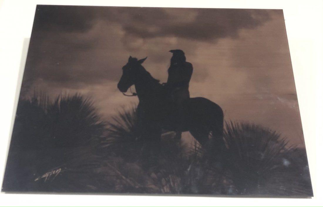 Edward S. Curtis (The Scout Apache) Goldtone Glass: EDWARD SHERIFF CURTIS (1868-1952) The Scout Apache Goldtone glass photograph, printed later Signed left right side 10 3/4" x 14 3/8"